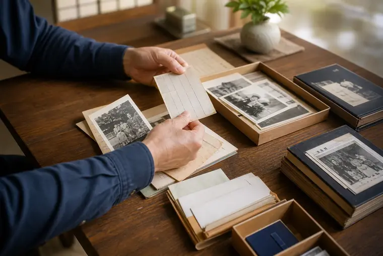 実家の書類や写真を整理するイメージ