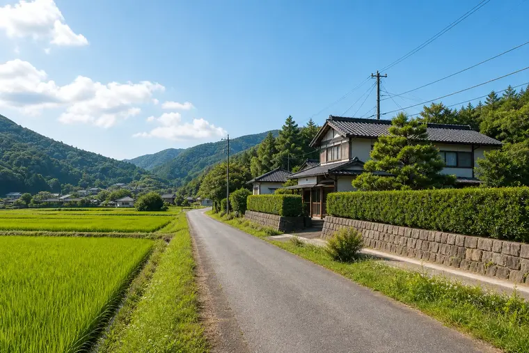 田園と実家が見える日本の田舎道のイメージ